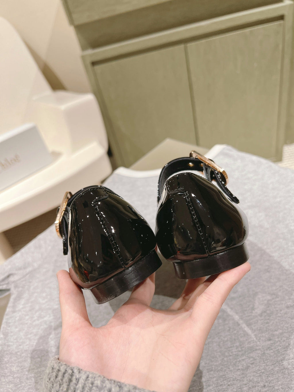 CHLOÉ 26S MARY JANE FLATS IN BLACK GLOSSY CALFSKIN