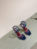 YSL 25S HIGH-HEEL SANDALS 100 MM IN DEEP NAVY BLUE SATIN WITH YSL LOGO HEEL DESIGN IN GOLD