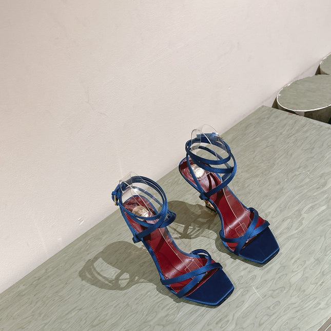 YSL 25S HIGH-HEEL SANDALS 100 MM IN DEEP NAVY BLUE SATIN WITH YSL LOGO HEEL DESIGN IN GOLD