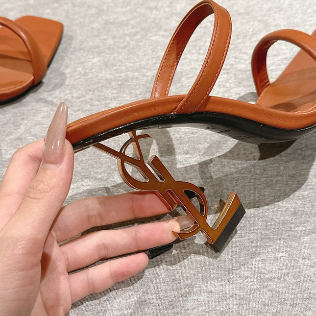 YSL 25S OPYUM HIGH-HEEL SANDALS 100 MM IN BURNT ORANGE BROWN LAMBSKIN
