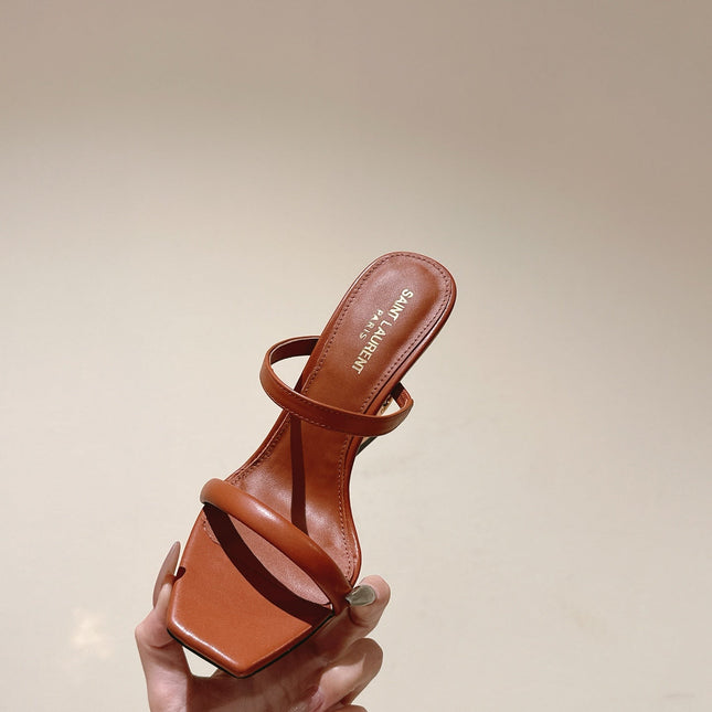 YSL 25S OPYUM HIGH-HEEL SANDALS 100 MM IN BURNT ORANGE BROWN LAMBSKIN