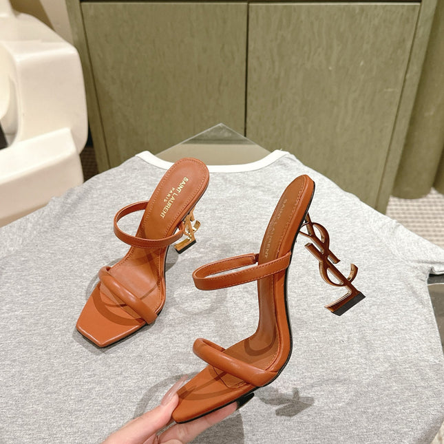 YSL 25S OPYUM HIGH-HEEL SANDALS 100 MM IN BURNT ORANGE BROWN LAMBSKIN