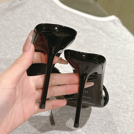 YSL 25S SQUARE-TOE HIGH-HEEL SANDALS 100 MM IN BLACK GLOSSY LAMBSKIN WITH GOLD HARDWARE