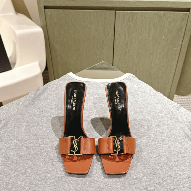 YSL 25S SQUARE-TOE HIGH-HEEL SANDALS 100 MM IN BURNT ORANGE BROWN LAMBSKIN WITH GOLD HARDWARE