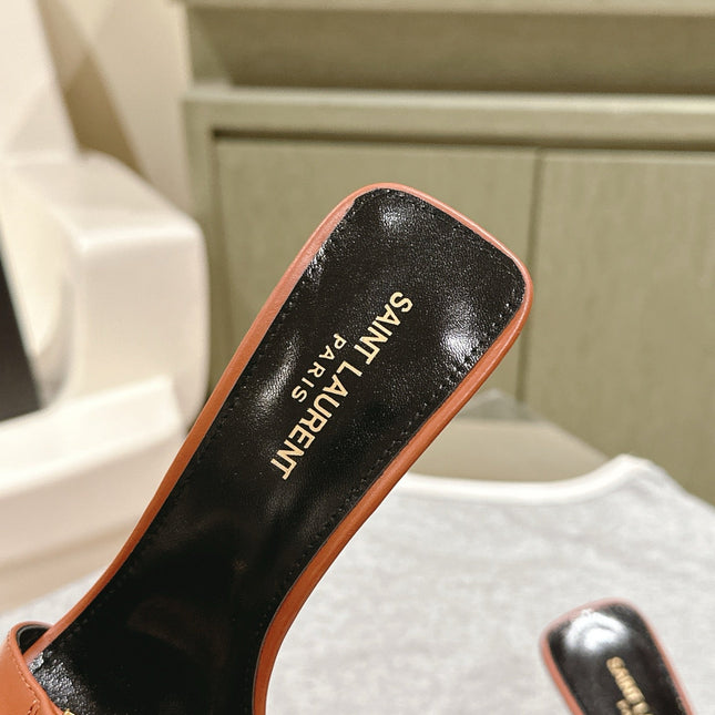 YSL 25S SQUARE-TOE HIGH-HEEL SANDALS 100 MM IN BURNT ORANGE BROWN LAMBSKIN WITH GOLD HARDWARE