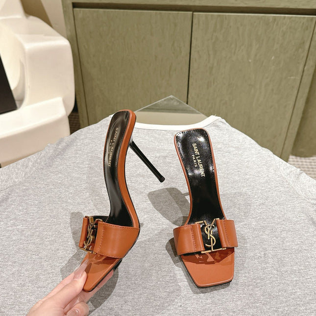 YSL 25S SQUARE-TOE HIGH-HEEL SANDALS 100 MM IN BURNT ORANGE BROWN LAMBSKIN WITH GOLD HARDWARE