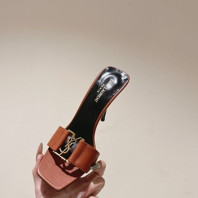 YSL 25S SQUARE-TOE HIGH-HEEL SANDALS 100 MM IN BURNT ORANGE BROWN LAMBSKIN WITH GOLD HARDWARE