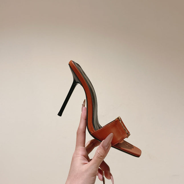 YSL 25S SQUARE-TOE HIGH-HEEL SANDALS 100 MM IN BURNT ORANGE BROWN LAMBSKIN WITH GOLD HARDWARE