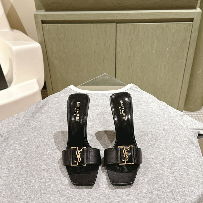 YSL 25S SQUARE-TOE HIGH-HEEL SANDALS 100 MM IN BLACK LAMBSKIN WITH GOLD HARDWARE