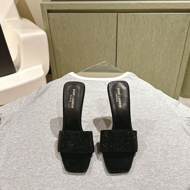 YSL 25S HEELED SANDALS 100 MM IN BLACK LAMBSKIN WITH RHINESTONE-EMBELLISHED STRAP