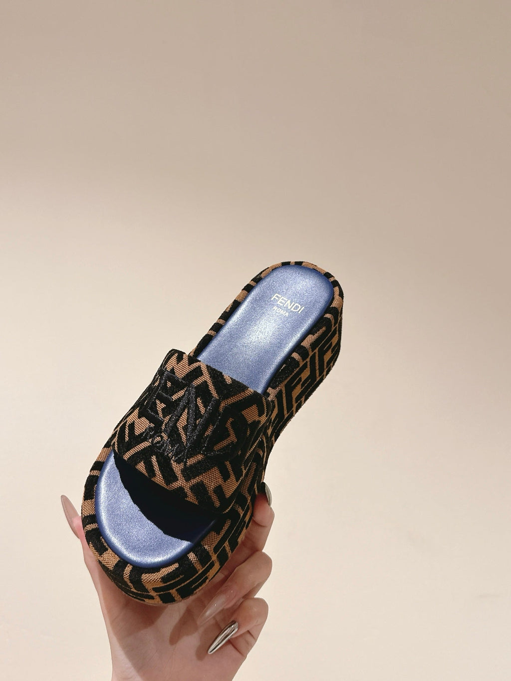 FENDI 26S PLATFORM SANDALS IN BROWN AND BLACK FABRIC