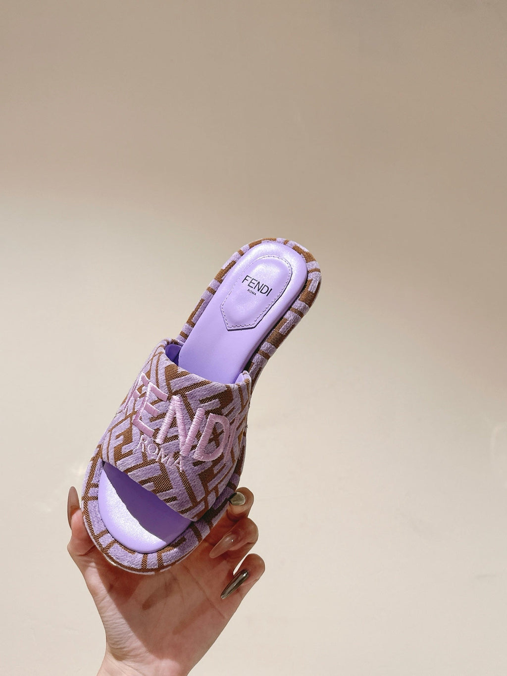 FENDI 26S HIGH SANDALS IN BROWN AND PURPLE FABRIC