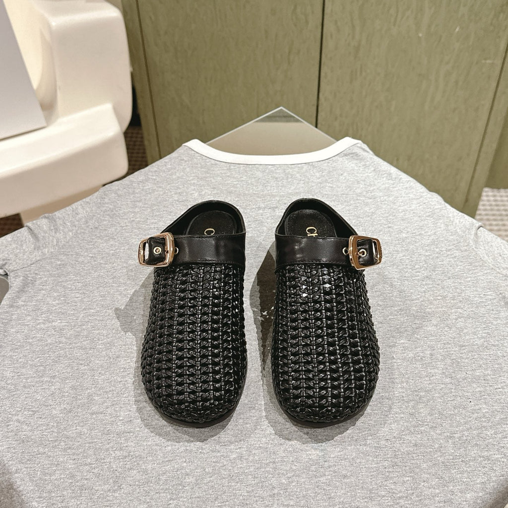 CHLOÉ 26S WOVEN MULES IN BLACK CALFSKIN