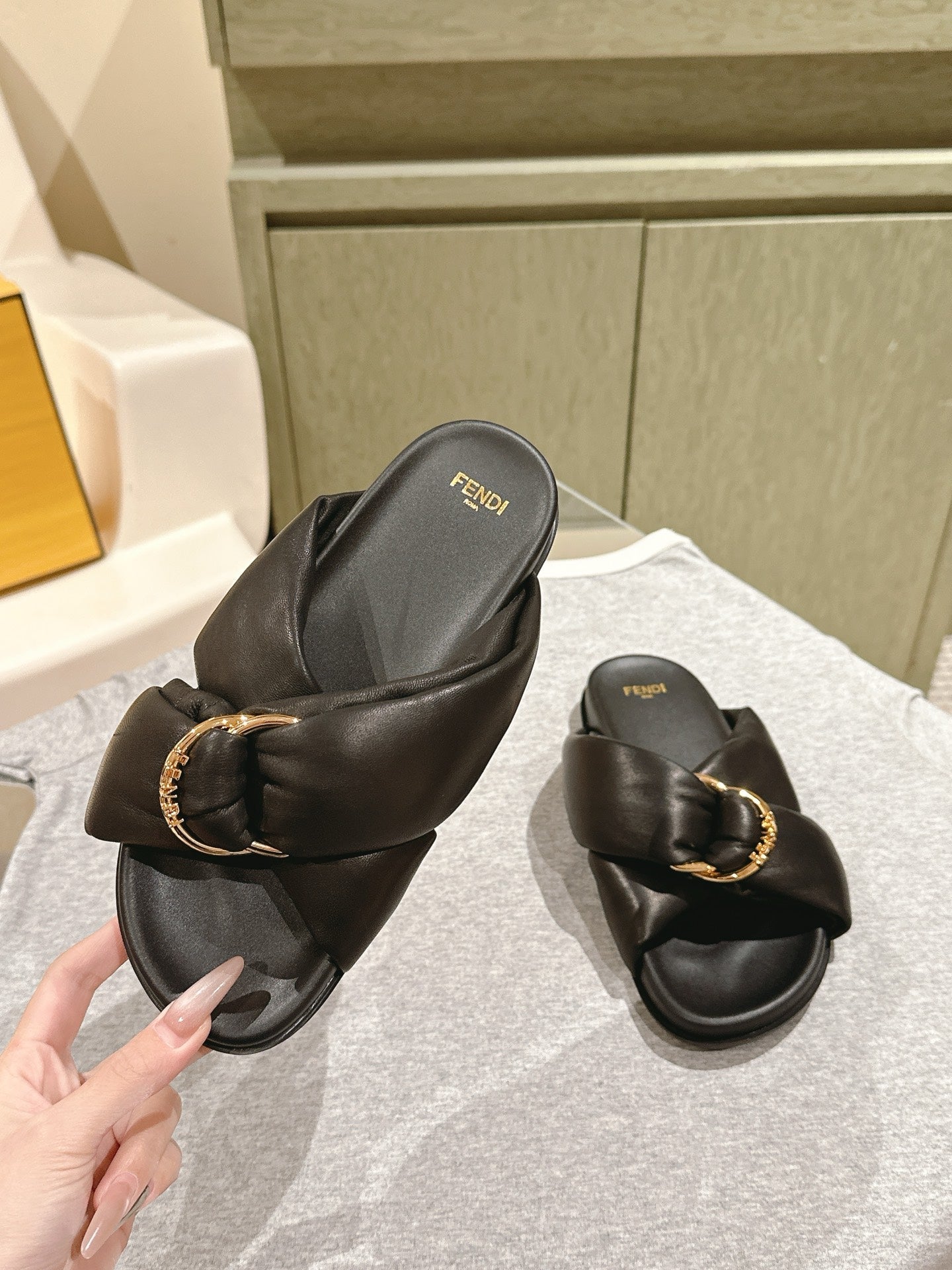 FENDI 26S WIDE CROSS-STRAP SANDALS IN BLACK LAMBSKIN