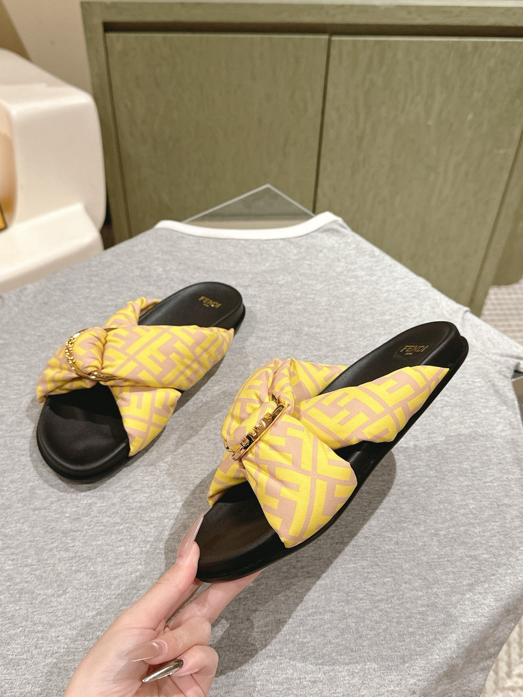 FENDI 26S WIDE CROSS-STRAP SANDALS IN YELLOW FABRIC