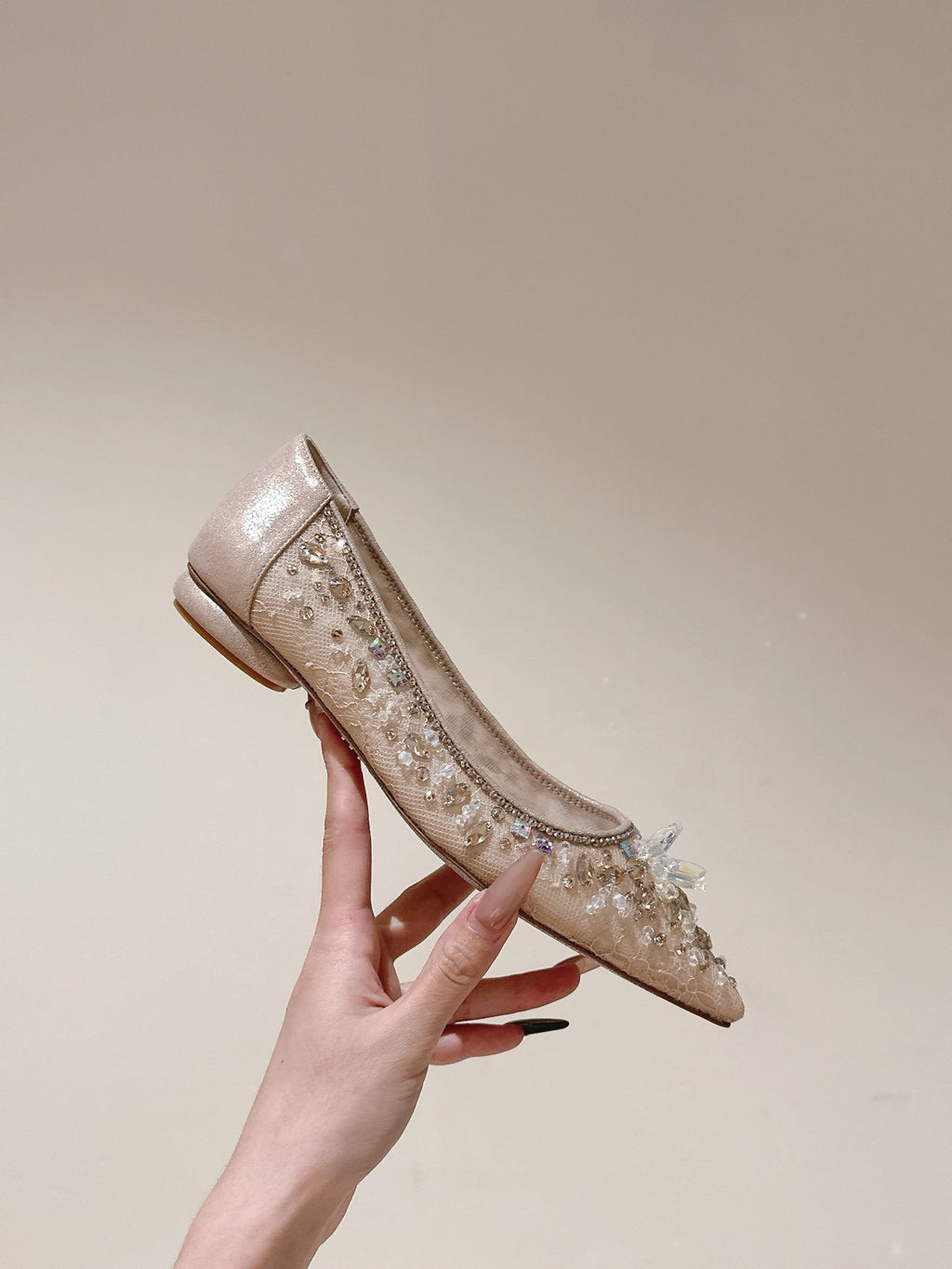 RENE CAOVILLA 26S BALLET FLATS IN BEIGE LACE FABRIC CRYSTAL EMBELLISHED