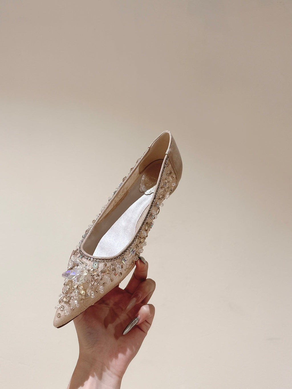RENE CAOVILLA 26S BALLET FLATS IN BEIGE LACE FABRIC CRYSTAL EMBELLISHED