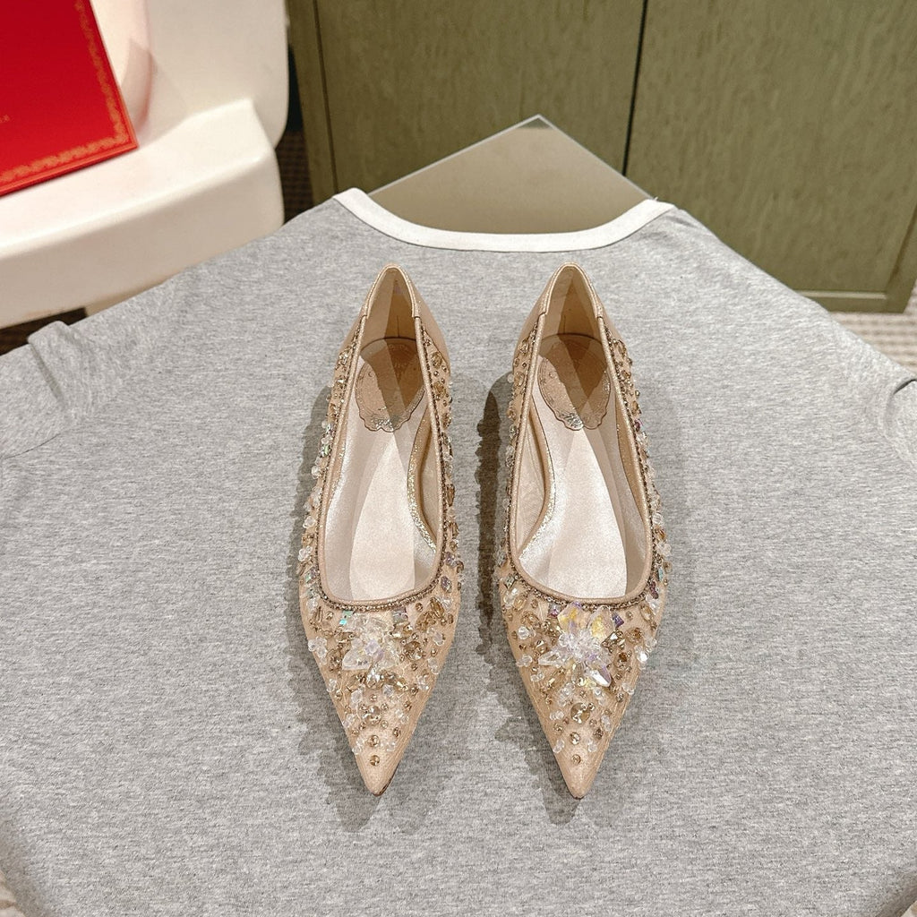 RENE CAOVILLA 26S BALLET FLATS IN BEIGE LACE FABRIC CRYSTAL EMBELLISHED
