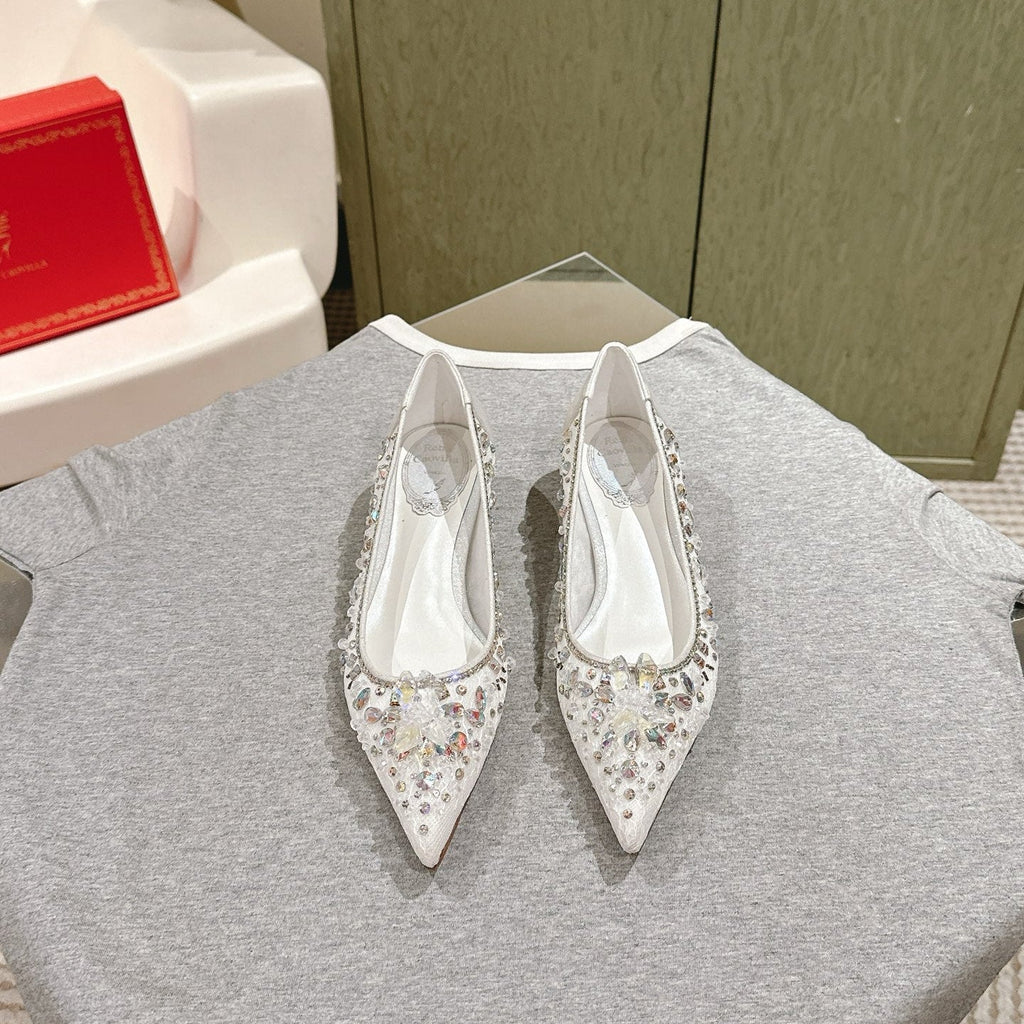 RENE CAOVILLA 26S BALLET FLATS IN WHITE LACE FABRIC CRYSTAL EMBELLISHED