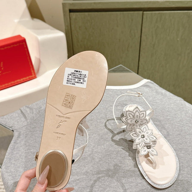 RENE CAOVILLA 26S THONG SANDALS IN CREAM WHITE LAMBSKIN FLOWER EMBELLISHED