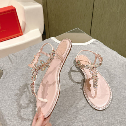 RENE CAOVILLA 26S THONG SANDALS IN NUDE PINK LAMBSKIN WITH CRYSTAL