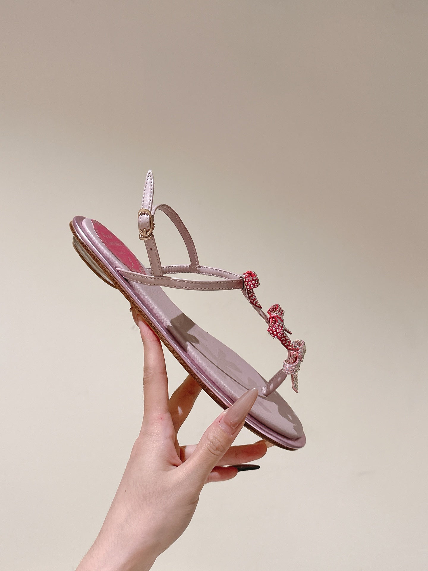 RENE CAOVILLA 26S SANDALS IN LIGHT PINK LAMBSKIN WITH BOW
