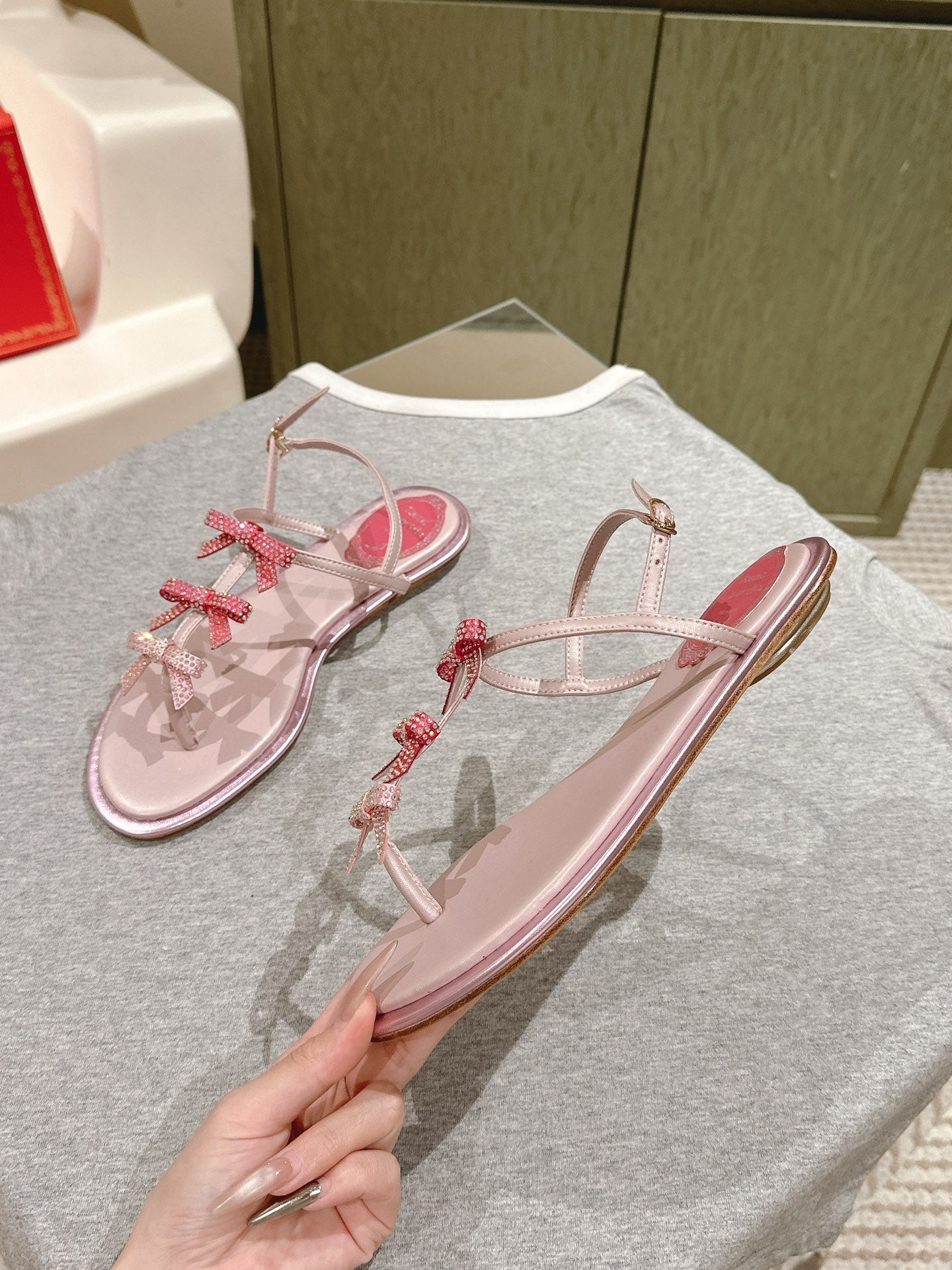 RENE CAOVILLA 26S SANDALS IN LIGHT PINK LAMBSKIN WITH BOW