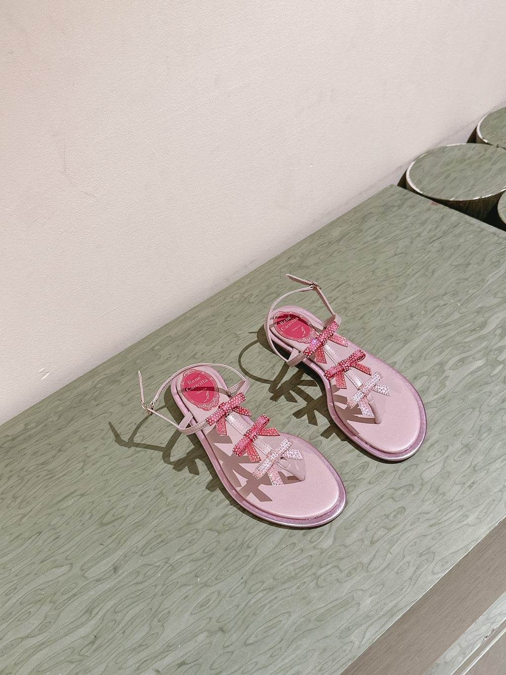 RENE CAOVILLA 26S SANDALS IN LIGHT PINK LAMBSKIN WITH BOW