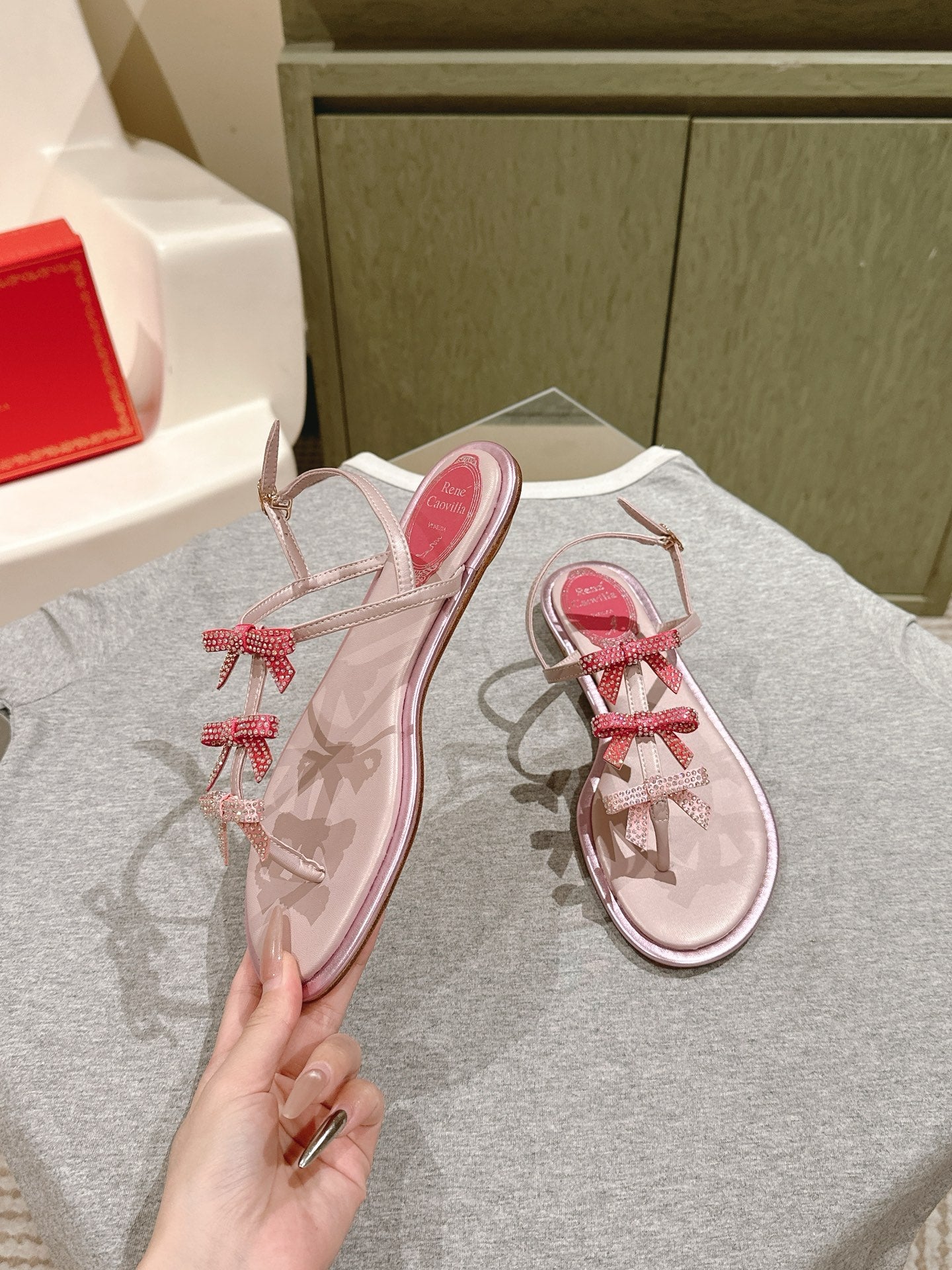 RENE CAOVILLA 26S SANDALS IN LIGHT PINK LAMBSKIN WITH BOW