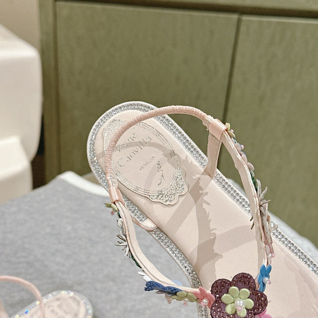RENE CAOVILLA 26S THONG SANDALS IN NUDE PINK LAMBSKIN FLORAL EMBELLISHED STRAP