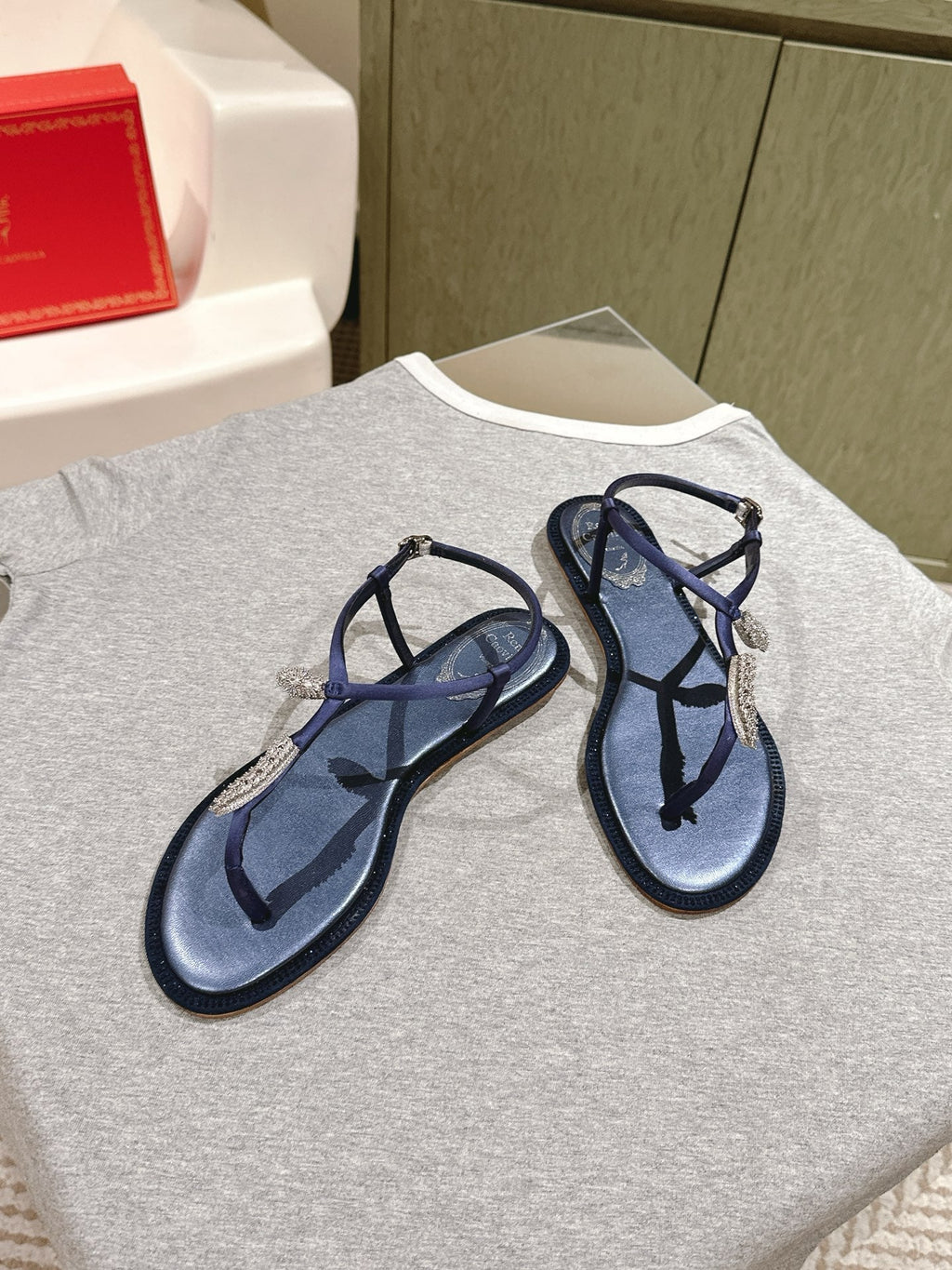 RENE CAOVILLA 26S THONG SANDALS IN NAVY BLUE LAMBSKIN