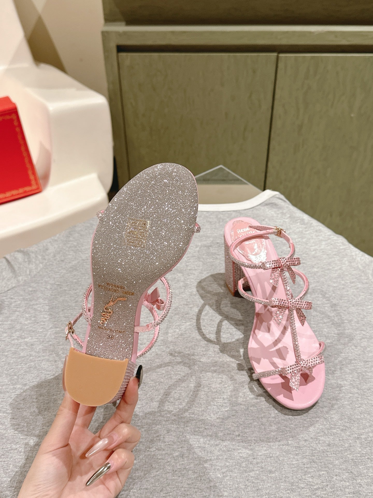 RENE CAOVILLA 26S HEELED SANDALS 75 MM IN LIGHT PINK LAMBSKIN WITH BOW