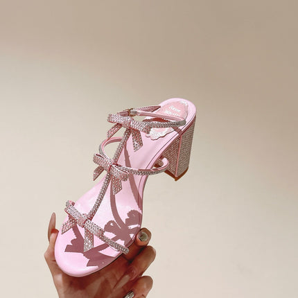RENE CAOVILLA 26S HEELED SANDALS 75 MM IN LIGHT PINK LAMBSKIN WITH BOW