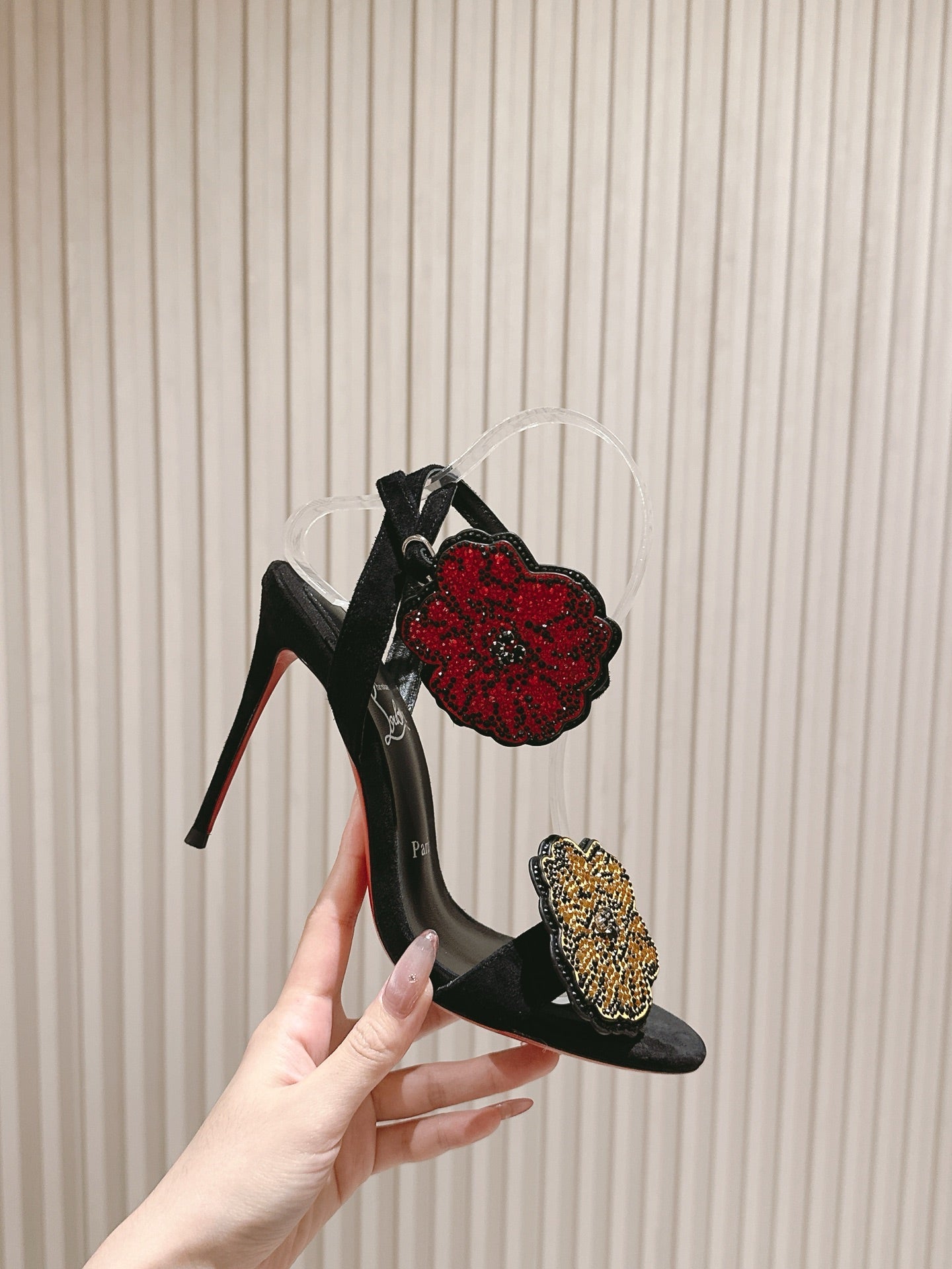 BEADED FLORAL EMBELLISHED SANDALS 135MM IN BLACK VELVET MIX CALFSKIN