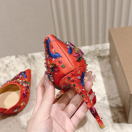 COLORFUL EMBROIDERED IRIZA PUMPS 105MM IN CORAL SATIN