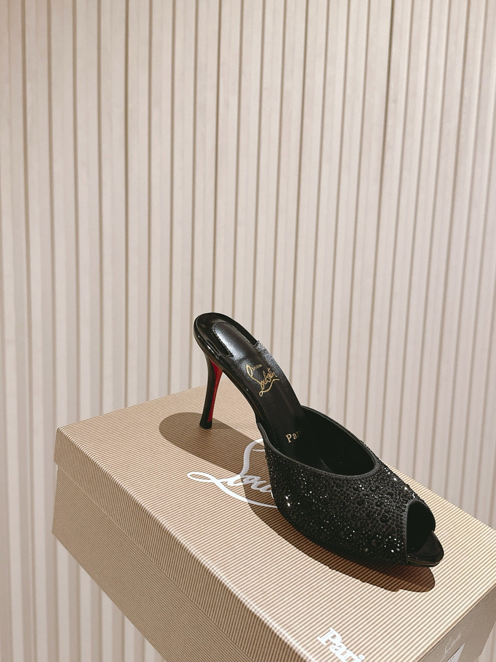 DOLLY STRASS SOLE SLIDE SANDALS 85MM IN BLACK CALFSKIN