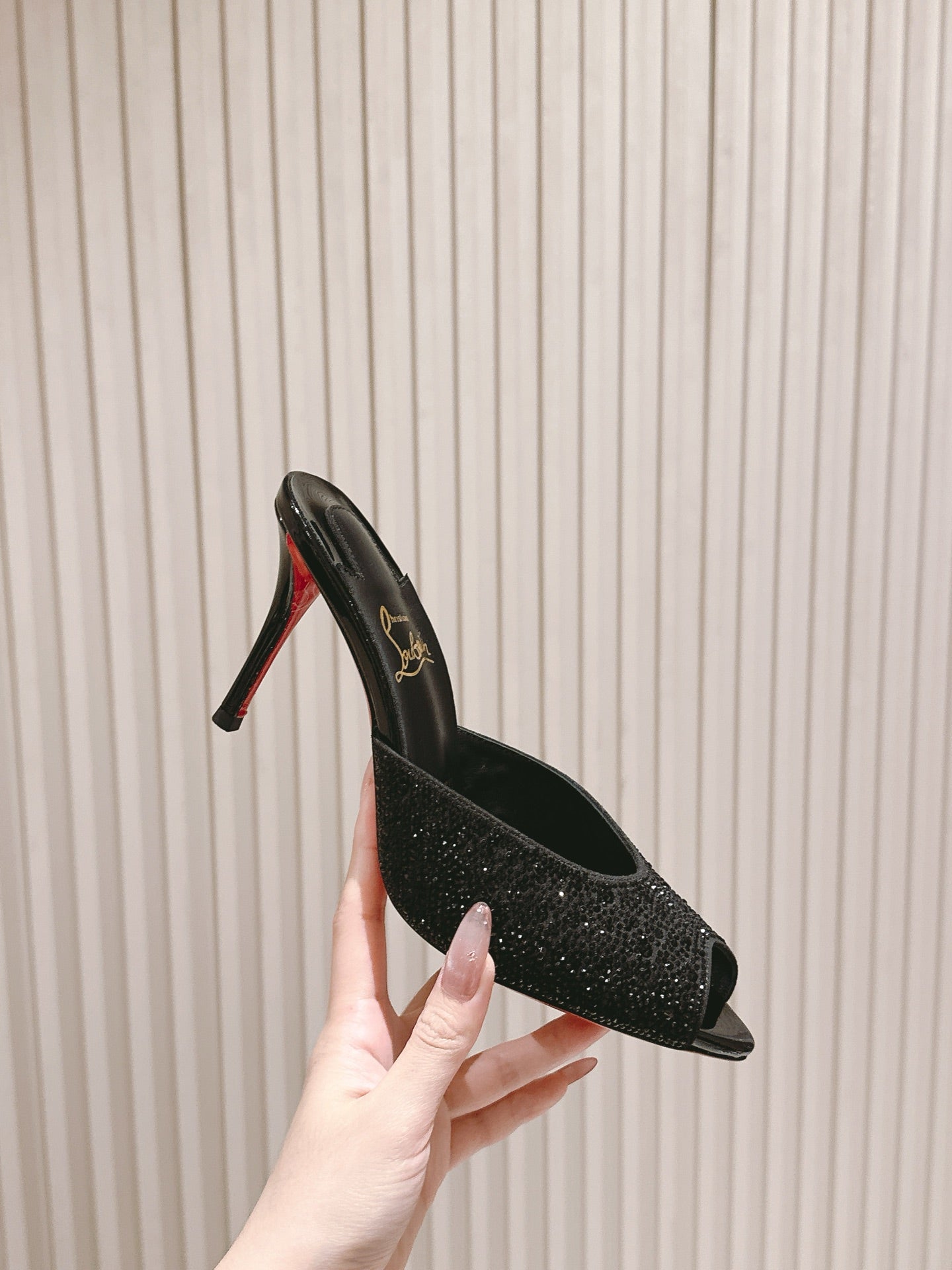 DOLLY STRASS SOLE SLIDE SANDALS 85MM IN BLACK CALFSKIN