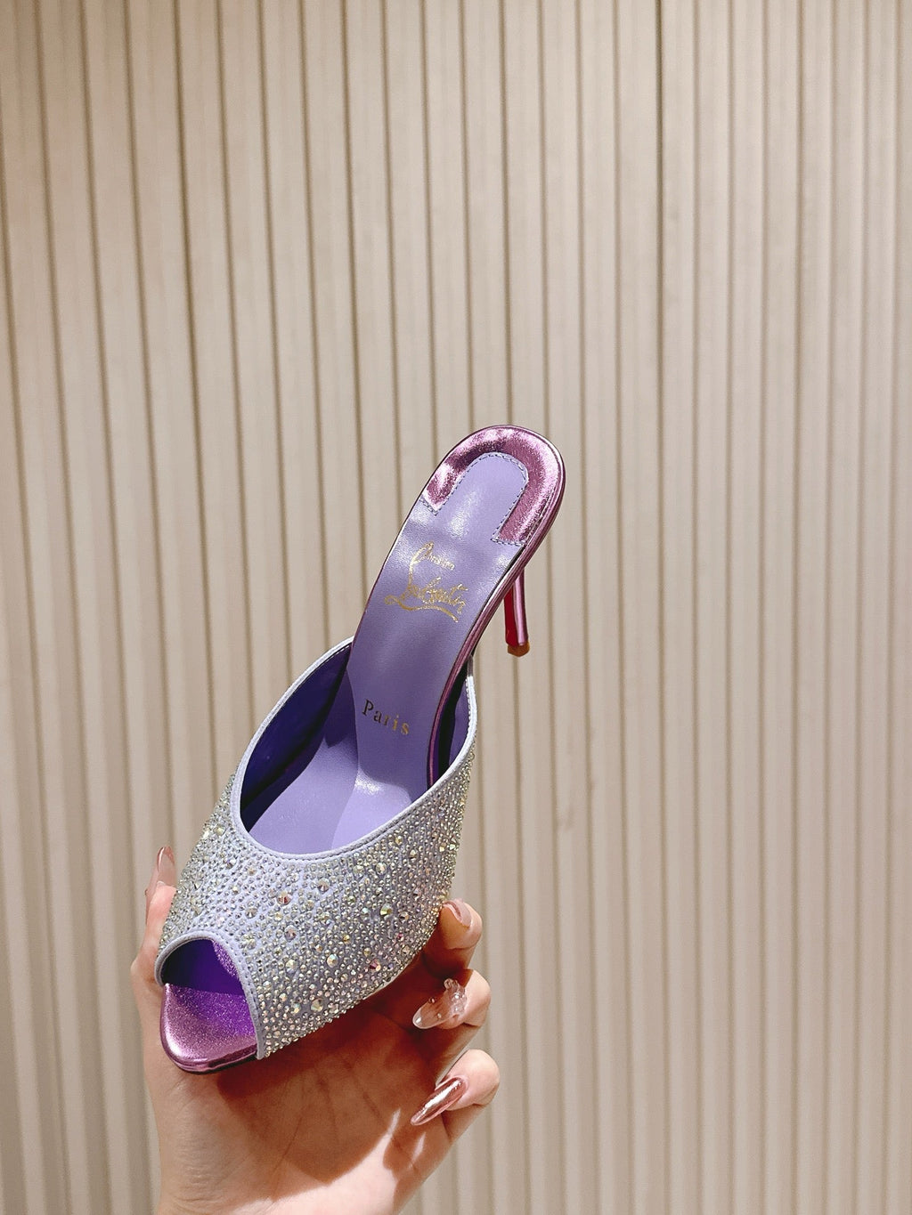 DOLLY STRASS SOLE SLIDE SANDALS 85MM IN BABY PURPLE CALFSKIN