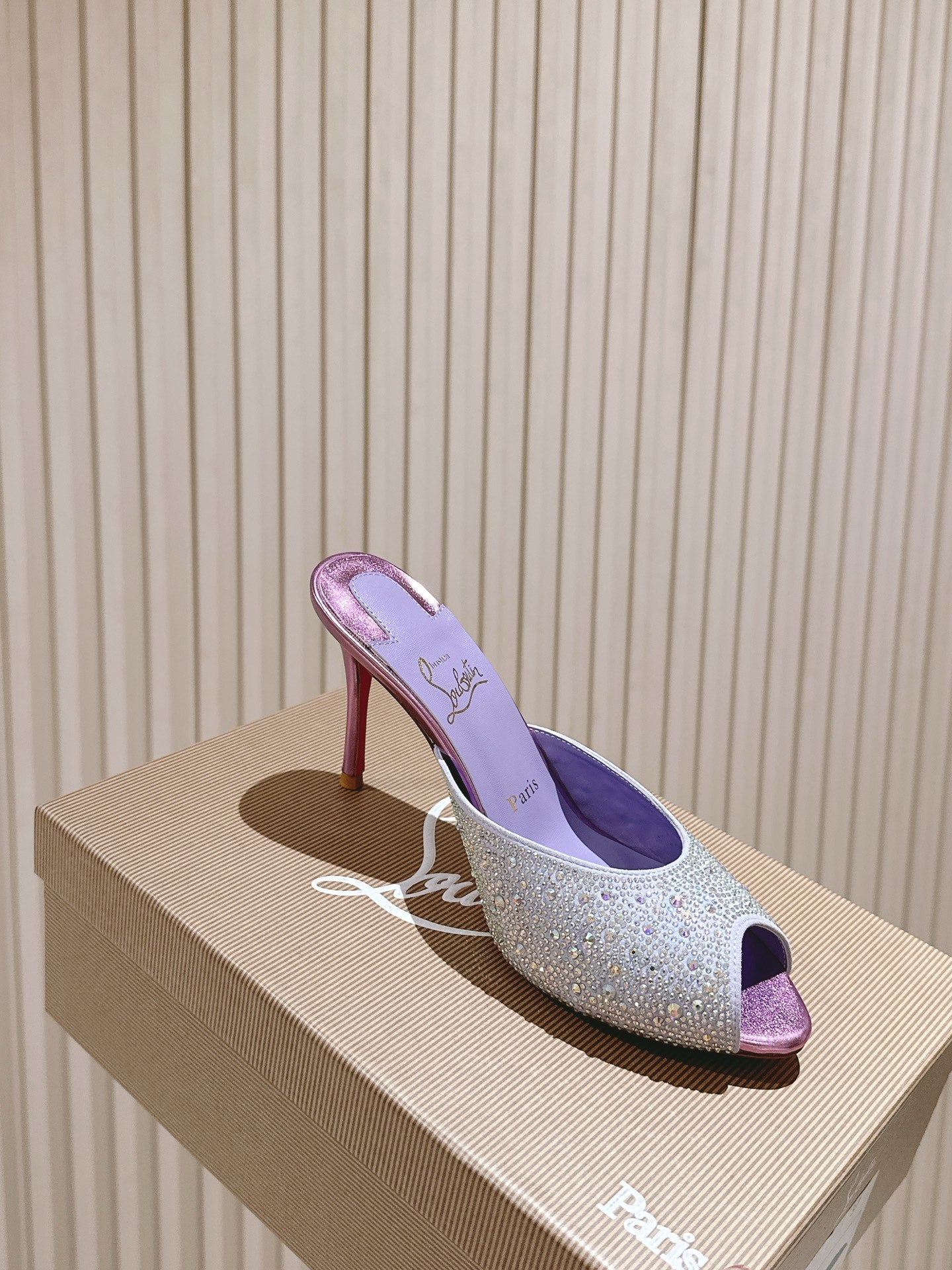 DOLLY STRASS SOLE SLIDE SANDALS 85MM IN BABY PURPLE CALFSKIN