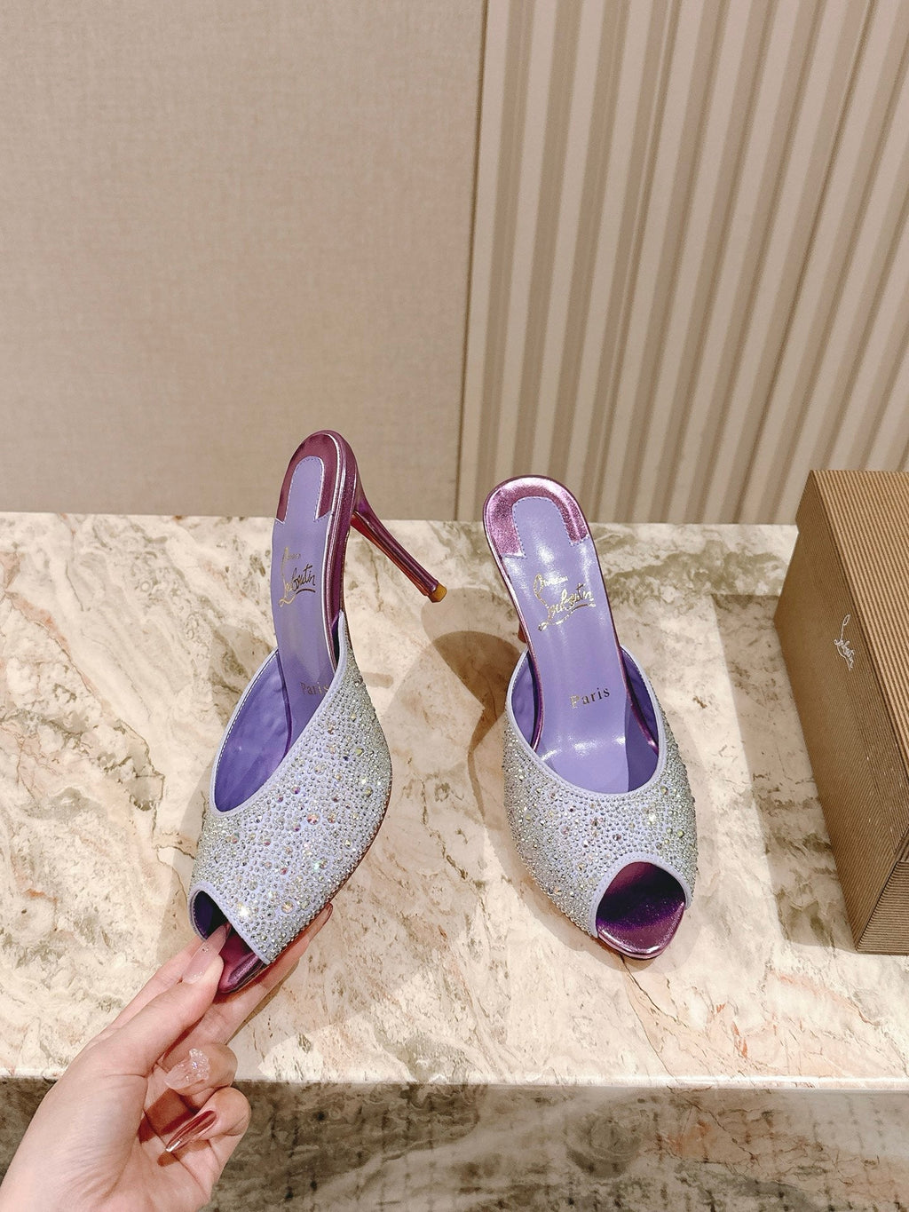 DOLLY STRASS SOLE SLIDE SANDALS 85MM IN BABY PURPLE CALFSKIN