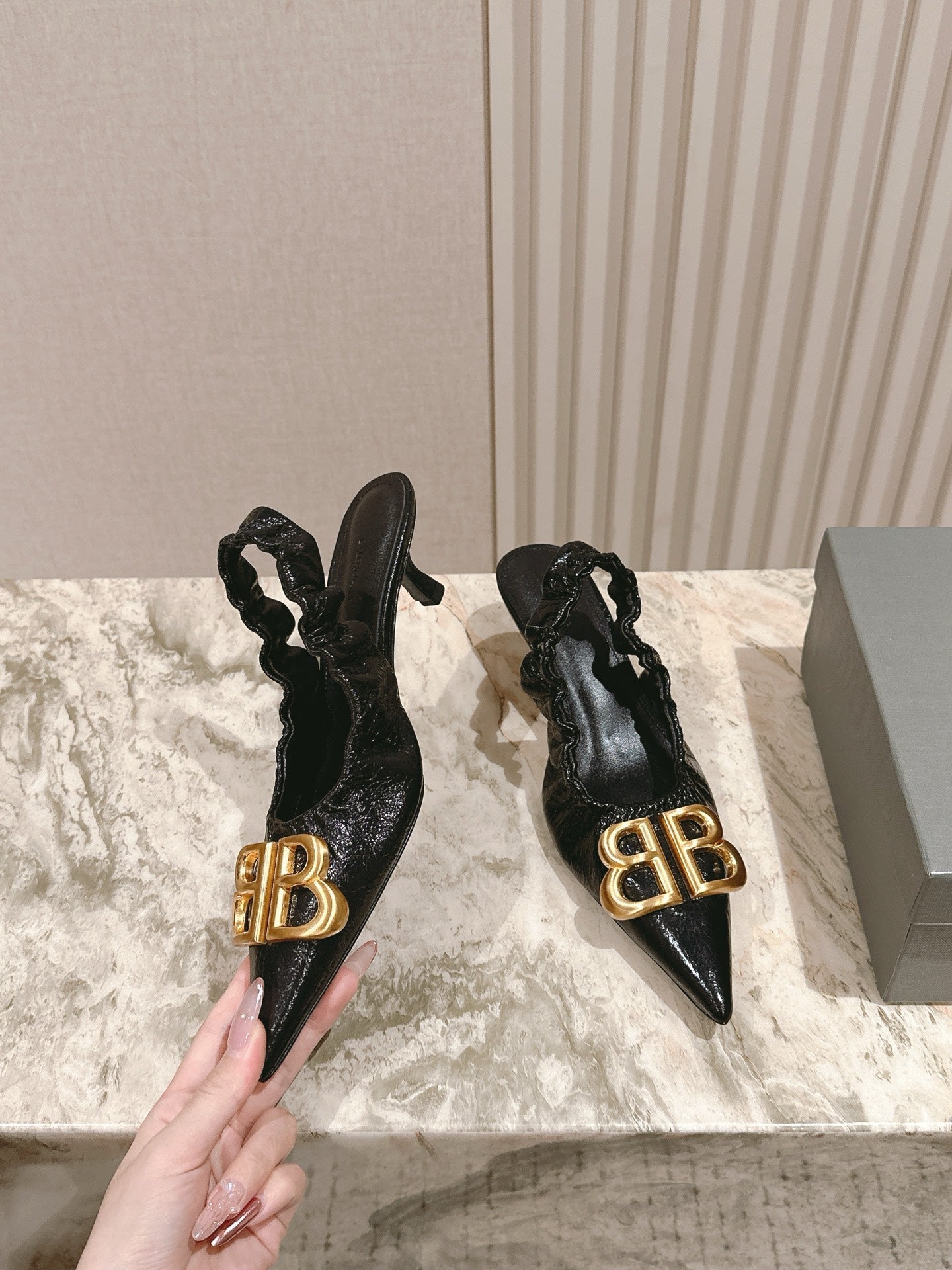 BALENCIAGA 25S HIGH SLINGBACK 45 MM IN BLACK LAMBSKIN WITH GOLD HARDWARE