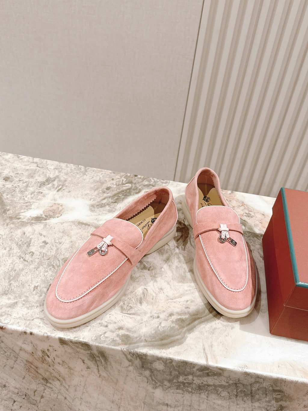 LP LOAFERS 25S IN LIGHT PINK SUEDE WITH SILVER HARDWARE