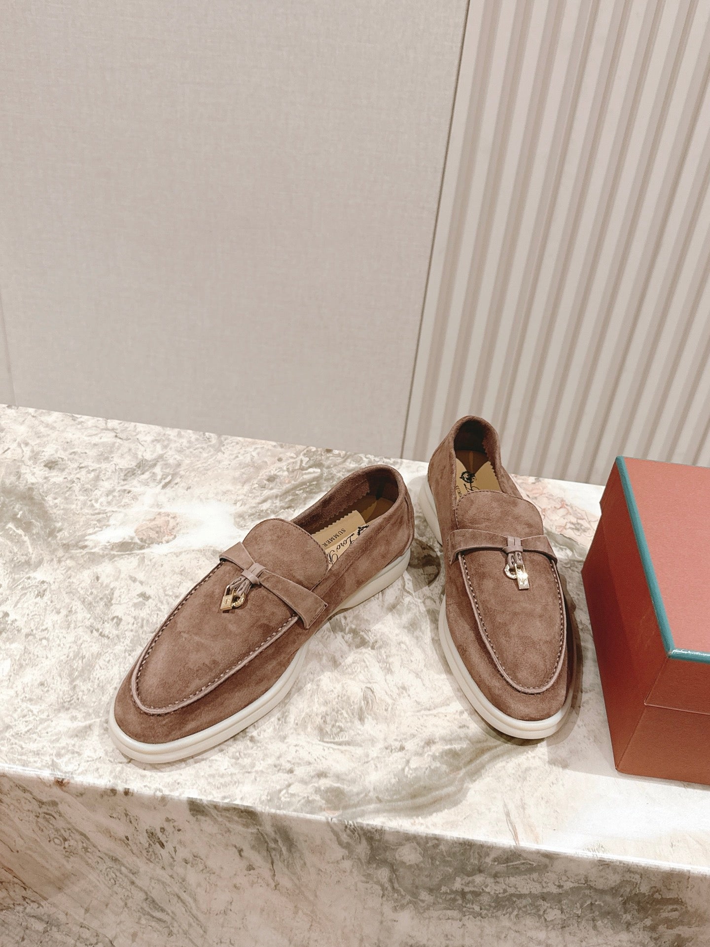 SUMMER WALK LOAFERS BROWN SUEDE WITH GOLD PADLOCK CHARM