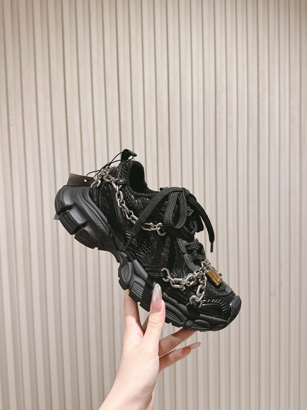BALENCIAGA 25S 3XL SNEAKERS CHAIN-PADLOCK IN BLACK MESH FABRIC AND PU
