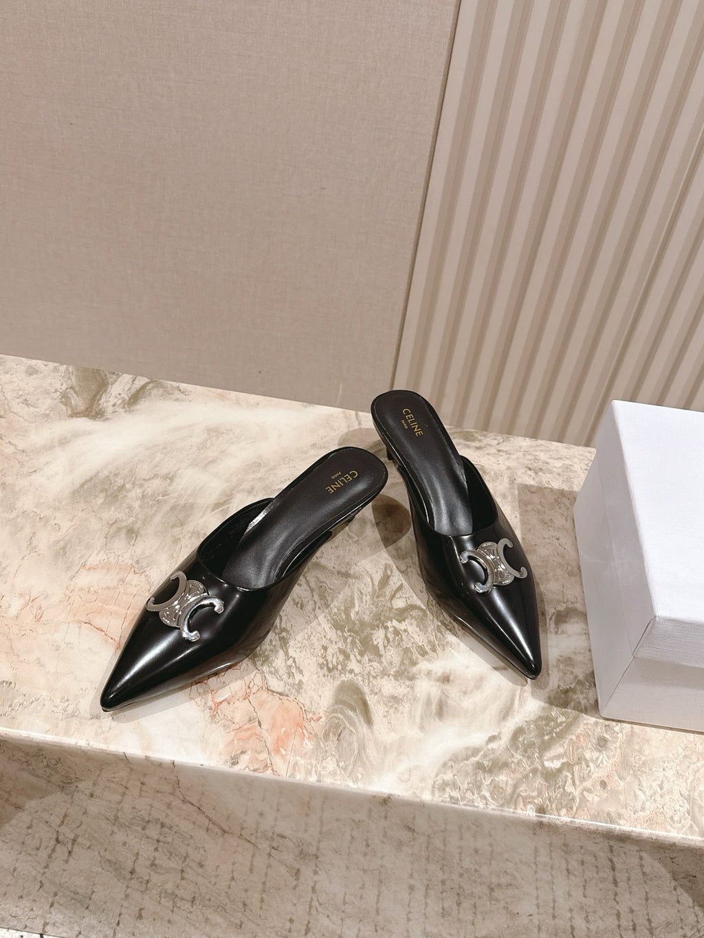 CELINE 25S ALMA TRIOMPHE MULE 45MM IN BLACK CALFSKIN SILVER HARDWARE