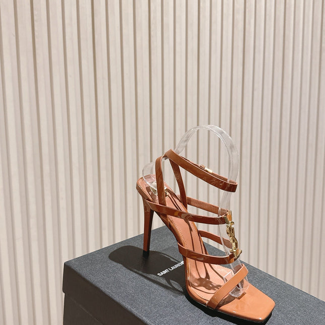 YSL 25S STILETTO HIGH-HEEL SANDALS 100 MM IN BROWN LAMBSKIN WITH GOLD HARDWARE