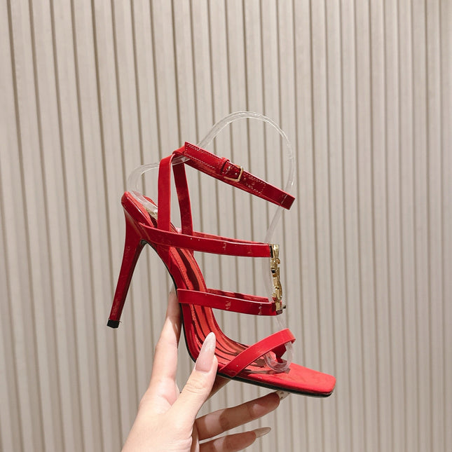 YSL 25S STILETTO HIGH-HEEL SANDALS 100 MM IN RED LAMBSKIN WITH GOLD HARDWARE