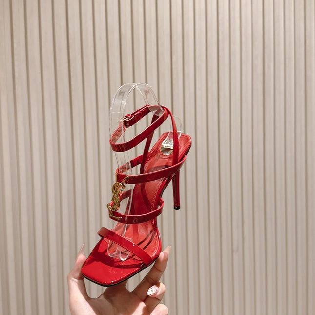 YSL 25S STILETTO HIGH-HEEL SANDALS 100 MM IN RED LAMBSKIN WITH GOLD HARDWARE