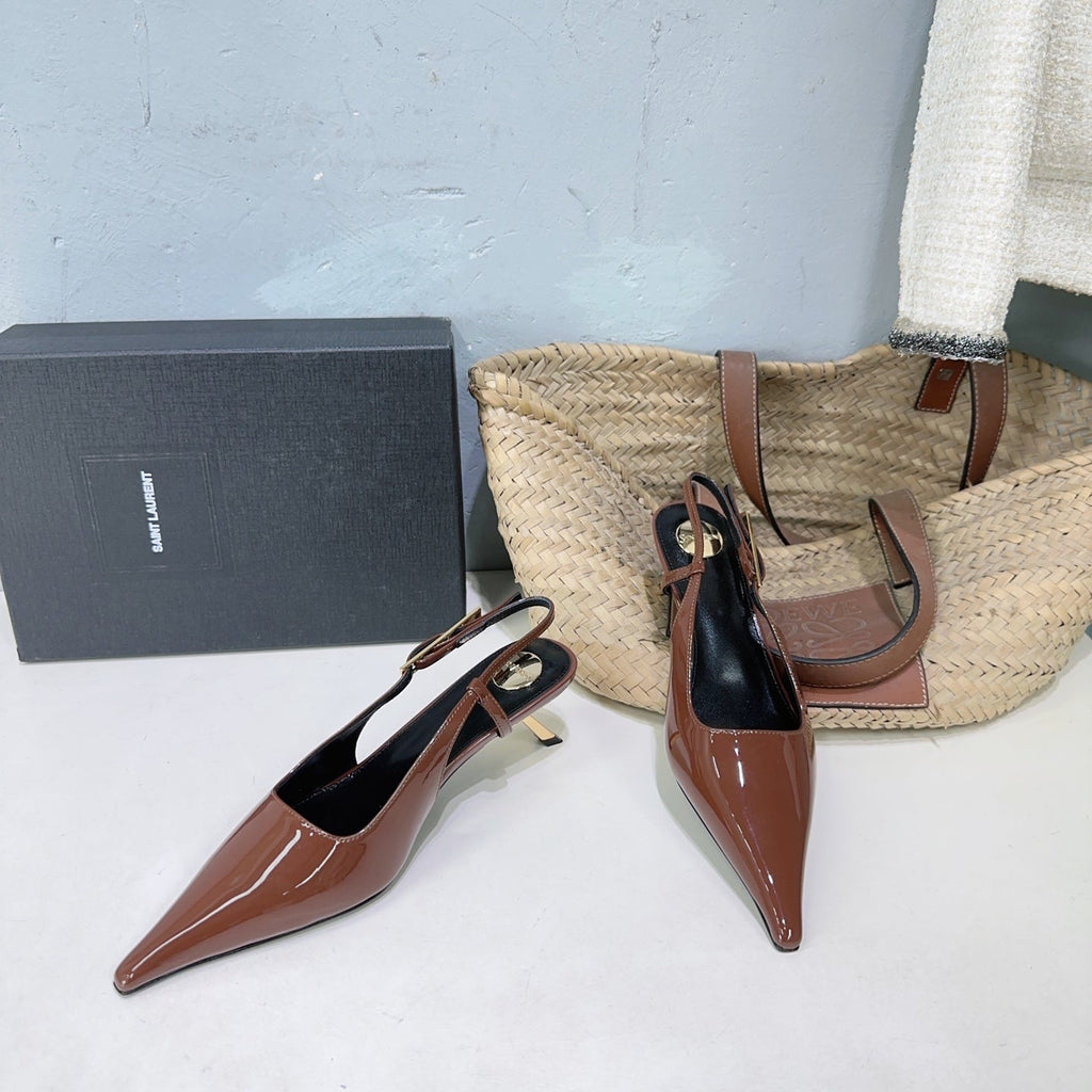 YSL 26S SLINGBACK HEELS 65 MM IN BROWN CALFSKIN