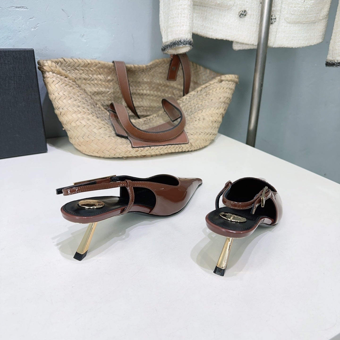 YSL 26S SLINGBACK HEELS 65 MM IN BROWN CALFSKIN